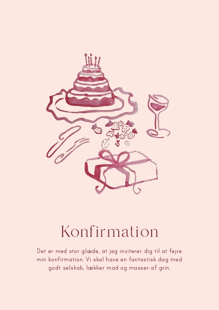 
                Denne lyserøde konfirmationsinvitation består af håndmalede akvarel illustrationer af elementer fra den store dag. Stilen er let, elegant og feminin. Gør din invitation personlig med dit budskab, så dine gæster kan glæde sig til at være med til at fejre din store dag.                